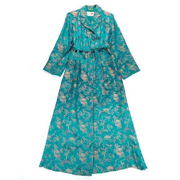 VINTAGE Chinese Jacquard Robe Duster Cover Kimono Wrap Dress Metallic Jade Green